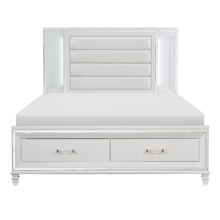 English Elm Glam California King Platform Bed LED Lit Metallic Headboard Faux Leather Storage B011S08535
