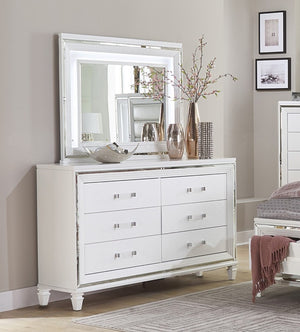 English Elm Modern Glam Six Drawer White Dresser with LED Mirror Beveled Accents Bedroom Set B011S08537