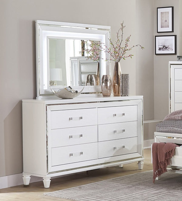 English Elm Modern Glam Six Drawer White Dresser with LED Mirror Beveled Accents Bedroom Set B011S08537