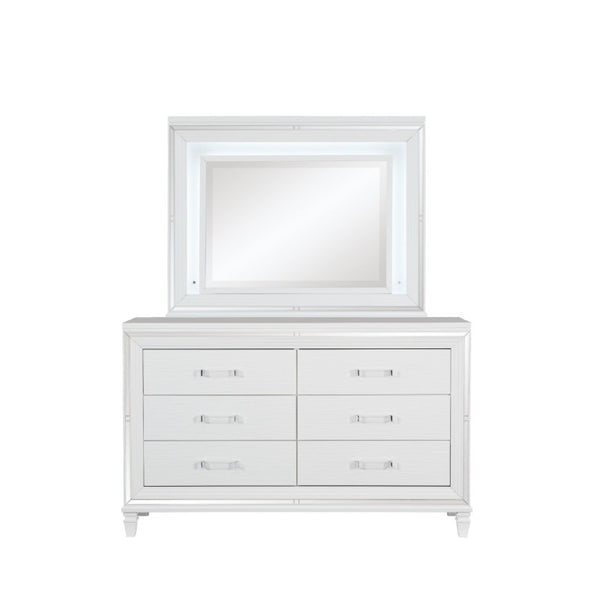 English Elm Modern Glam Six Drawer White Dresser with LED Mirror Beveled Accents Bedroom Set B011S08537