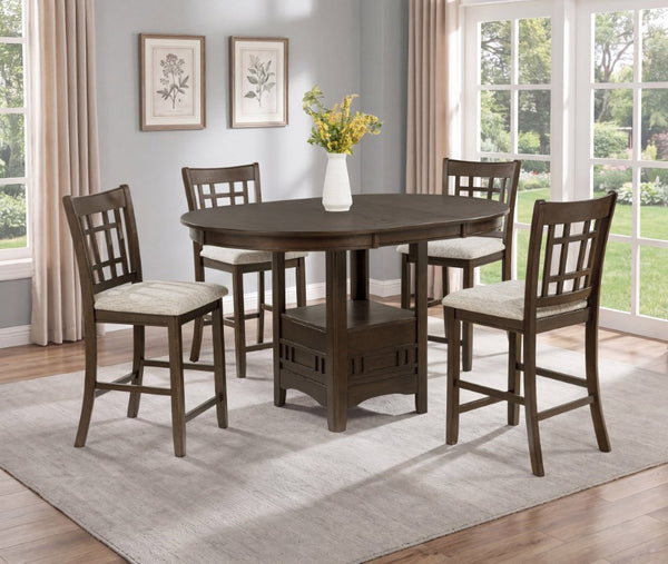 English Elm 5Pc Counter Height Farmhouse Dining Set Extendable Round Table Lattice Back Chairs B011S08539
