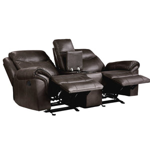 English Elm Gray Faux Leather Reclining Sofa and Loveseat Set with USB Charging Storage Console Dark Brown B011S08789
