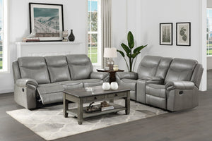 English Elm Gray Faux Leather Reclining Sofa and Loveseat Set with USB Charging Storage Console Gray B011S08790