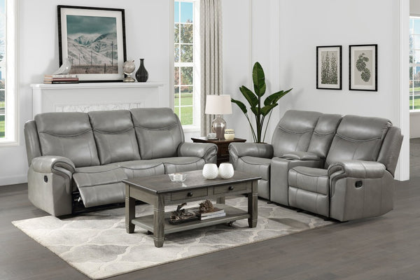 English Elm Gray Faux Leather Reclining Sofa and Loveseat Set with USB Charging Storage Console Gray B011S08790