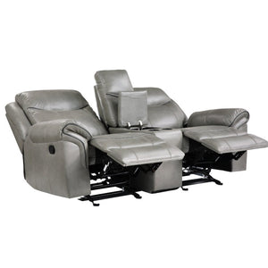 English Elm Gray Faux Leather Reclining Sofa and Loveseat Set with USB Charging Storage Console Gray B011S08790