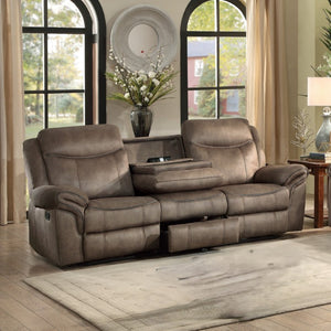 English Elm Brown Microfiber 3 Piece Reclining Sofa Set with Charging Ports and Cup Holders B011S08792