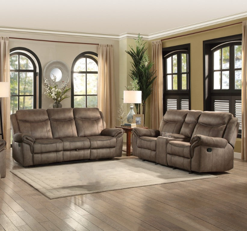 English Elm Brown Microfiber Reclining Sofa and Loveseat Set with Charging Ports Storage Console B011S08793