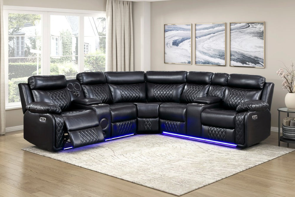 English Elm Luxurious Diamond Quilted Faux Leather Power Reclining Sectional with LED and Bluetooth B011S08794