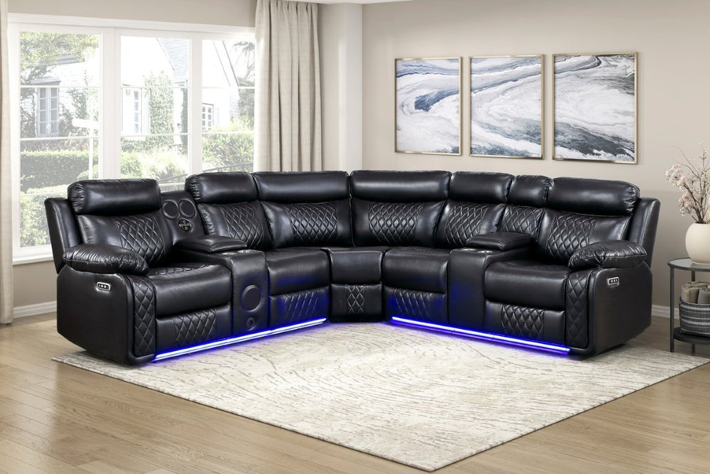 English Elm Luxurious Diamond Quilted Faux Leather Power Reclining Sectional with LED and Bluetooth B011S08794