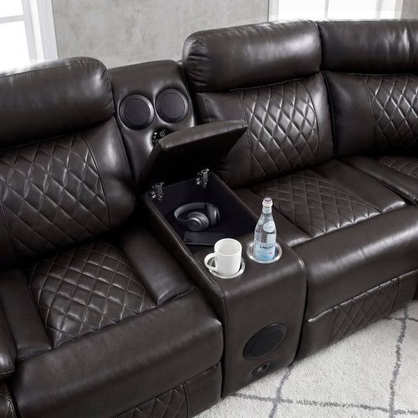 English Elm Luxurious Diamond Quilted Faux Leather Sectional with LED Lighting and Bluetooth Speakers B011S08795