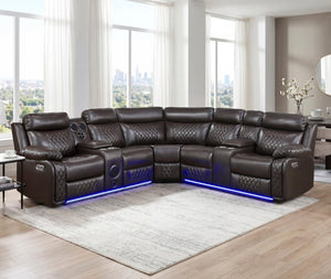 English Elm Luxurious Diamond Quilted Faux Leather Sectional with LED Lighting and Bluetooth Speakers B011S08795