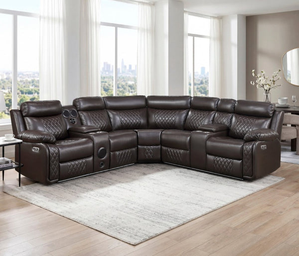 English Elm Luxurious Diamond Quilted Faux Leather Sectional with LED Lighting and Bluetooth Speakers B011S08795