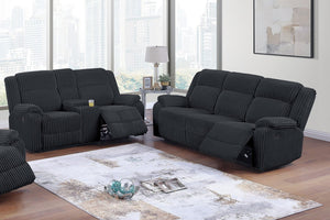 English Elm Black Corduroy Reclining Sofa Set with Console Loveseat for Transitional Living Rooms B011S08800