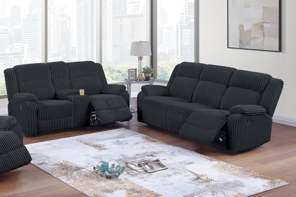 English Elm Black Corduroy Reclining Sofa Set with Console Loveseat for Transitional Living Rooms B011S08800