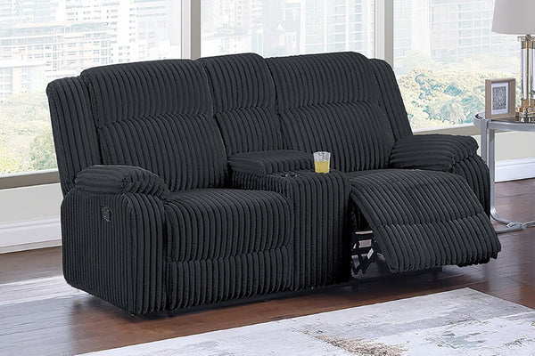 English Elm Black Corduroy Reclining Sofa Set with Console Loveseat for Transitional Living Rooms B011S08800