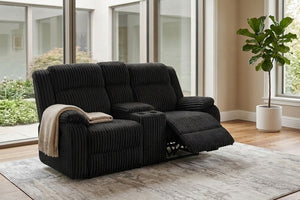 English Elm Black Corduroy Reclining Sofa Set with Console Loveseat for Transitional Living Rooms B011S08800