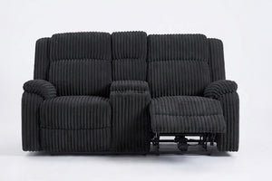 English Elm Black Corduroy Reclining Sofa Set with Console Loveseat for Transitional Living Rooms B011S08800