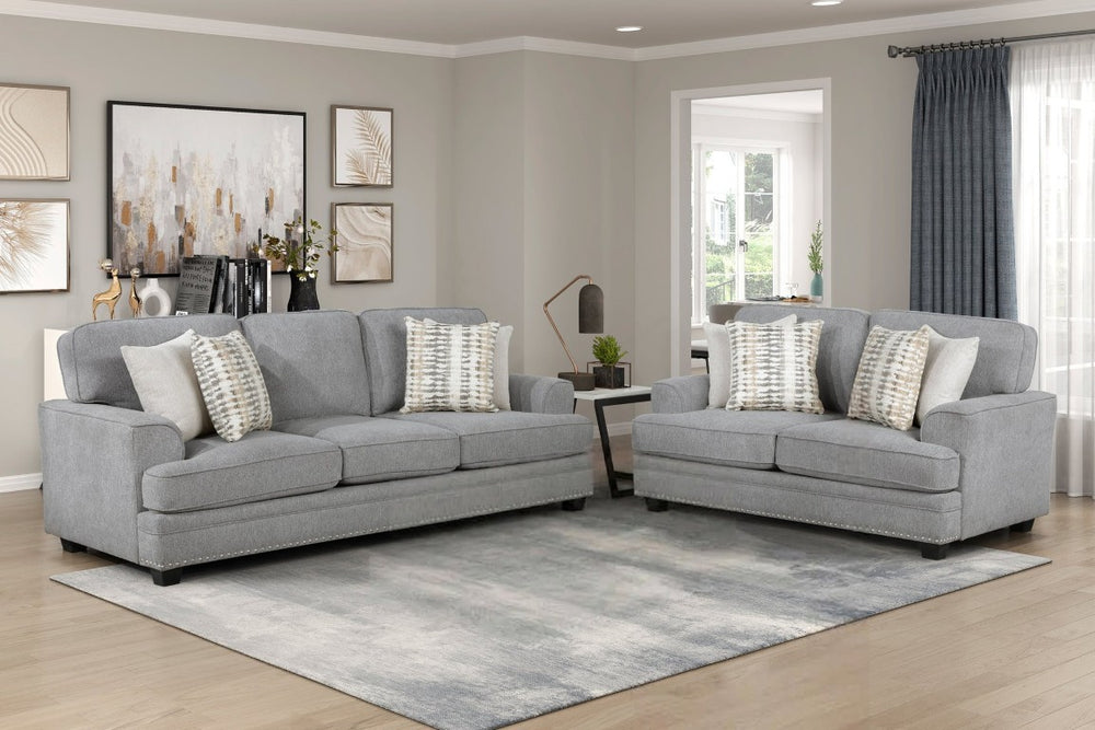 English Elm 3-Seater Pull-Tab Reclining Sofa with Pocket Coil Support and Leather Upholstery Gray 2pc Set B011S09145