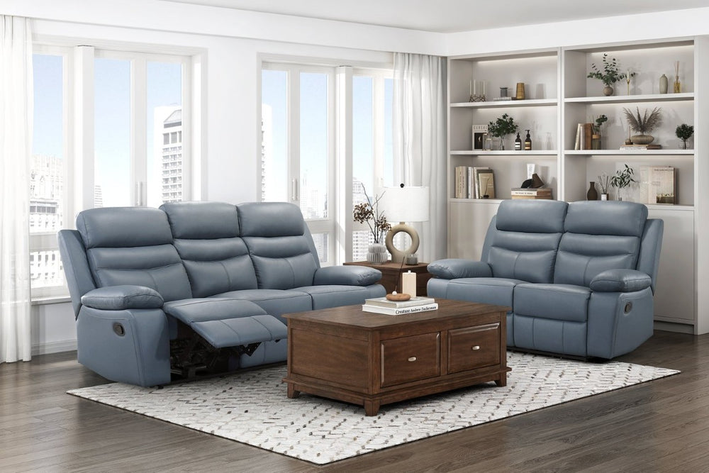 English Elm 2Pc Top Grain Leather Reclining Sofa Set with Pocket Coil Cushions for Modern Living Blue Plywood B011S09401