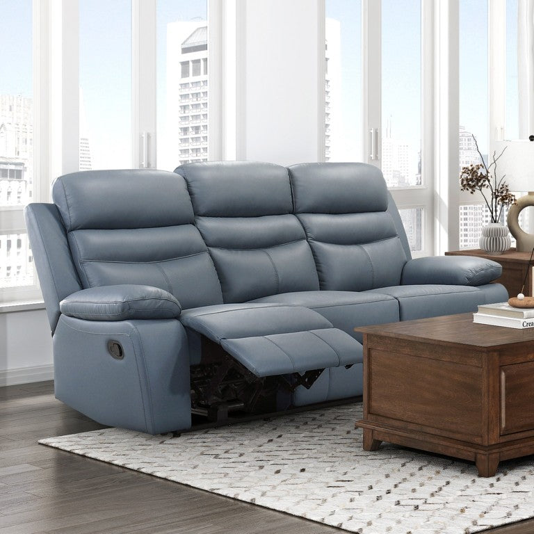 English Elm 2Pc Top Grain Leather Reclining Sofa Set with Pocket Coil Cushions for Modern Living Blue Plywood B011S09401