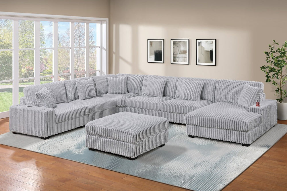 English Elm Modular U-Shaped Corduroy Sectional Sofa 7 Piece Set with USB Port and Cup Holders B011S09402