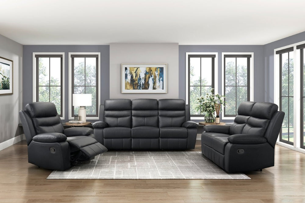English Elm Black Top Grain Leather 3 Piece Reclining Sofa Set with Plush Pocket Coil Support B011S09403
