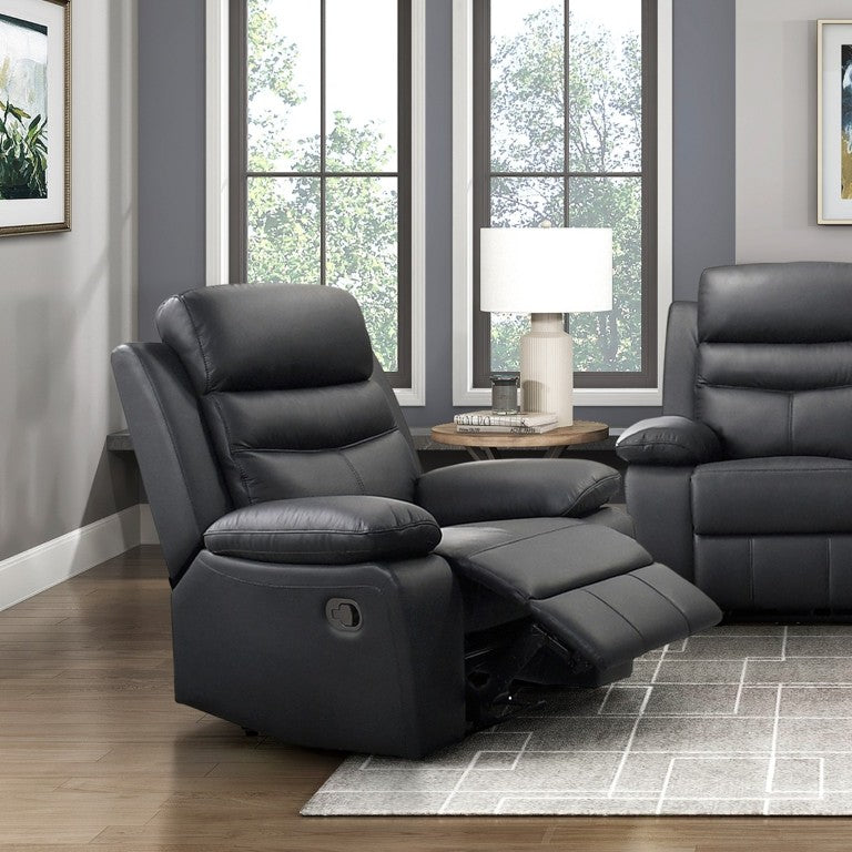 English Elm Black Top Grain Leather 3 Piece Reclining Sofa Set with Plush Pocket Coil Support B011S09403