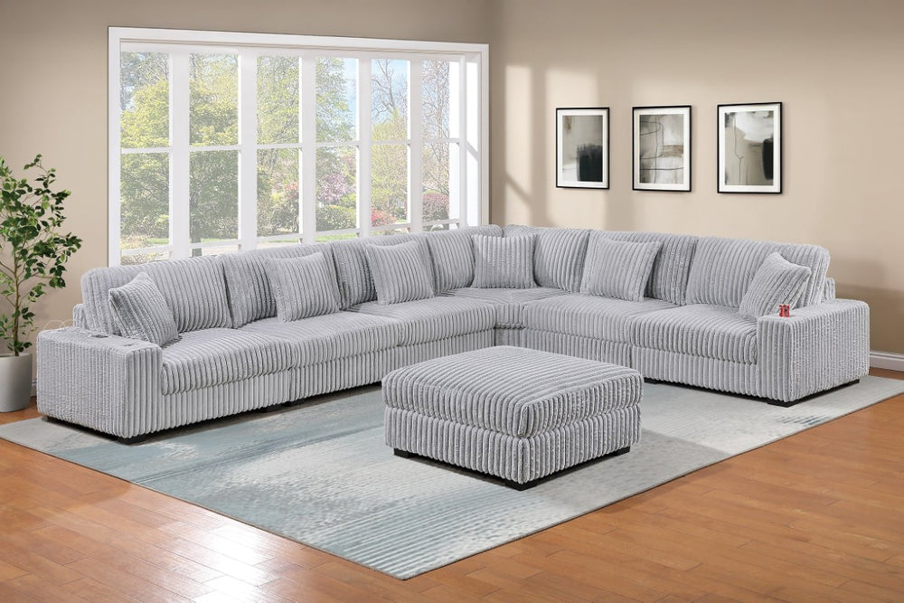 English Elm 6-Pc Modular Sectional Jumbo Corduroy Plush Living Room Sofa with USB and Cup Holders 7-PC Modular L-Sectional Sofa Set B011S09404