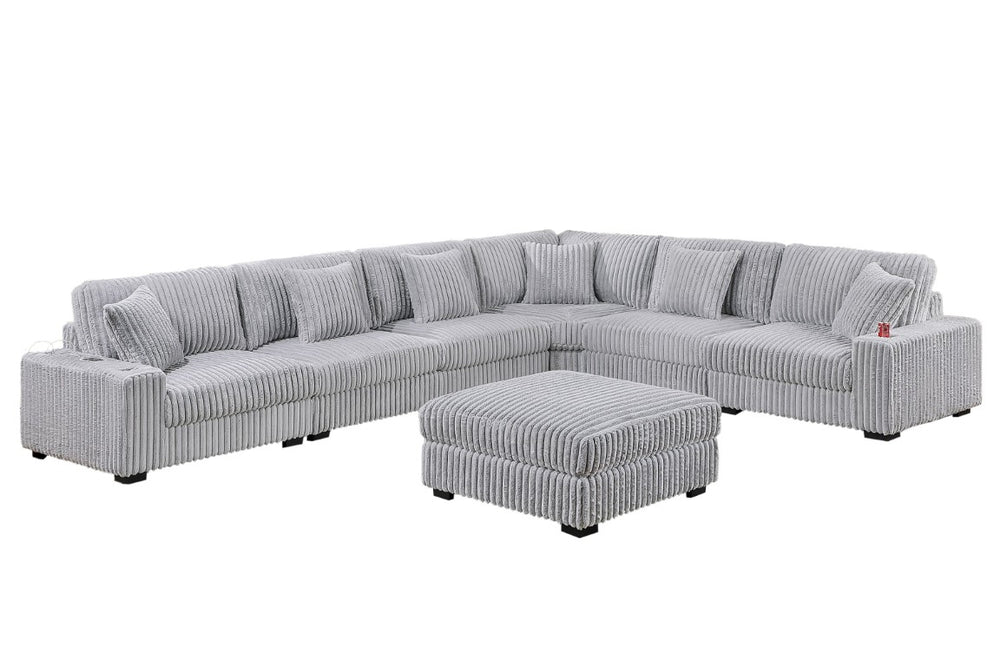 English Elm 6-Pc Modular Sectional Jumbo Corduroy Plush Living Room Sofa with USB and Cup Holders 7-PC Modular L-Sectional Sofa Set B011S09404