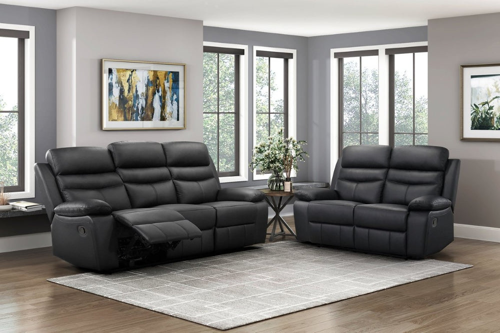 English Elm Black Top Grain Leather Reclining Sofa Set Pocket Coil Support Modern Living Room B011S09405