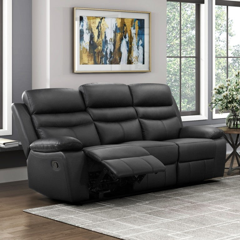 English Elm Black Top Grain Leather Reclining Sofa Set Pocket Coil Support Modern Living Room B011S09405