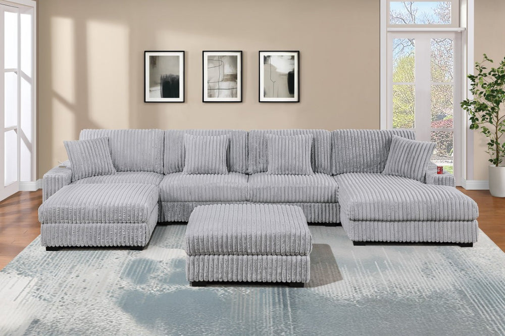 English Elm Mink Gray Corduroy U-Shaped Modular Sectional with USB Port and Cup Holders 166 x 77 x 37 B011S09408