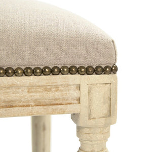 Zentique Lille Scandinavian birch bench with linen-upholstered cushion — compact, sturdy seating for entryway Distressed Ivory Birch, Natural Linen B014 309 A003 w/ Nailhead