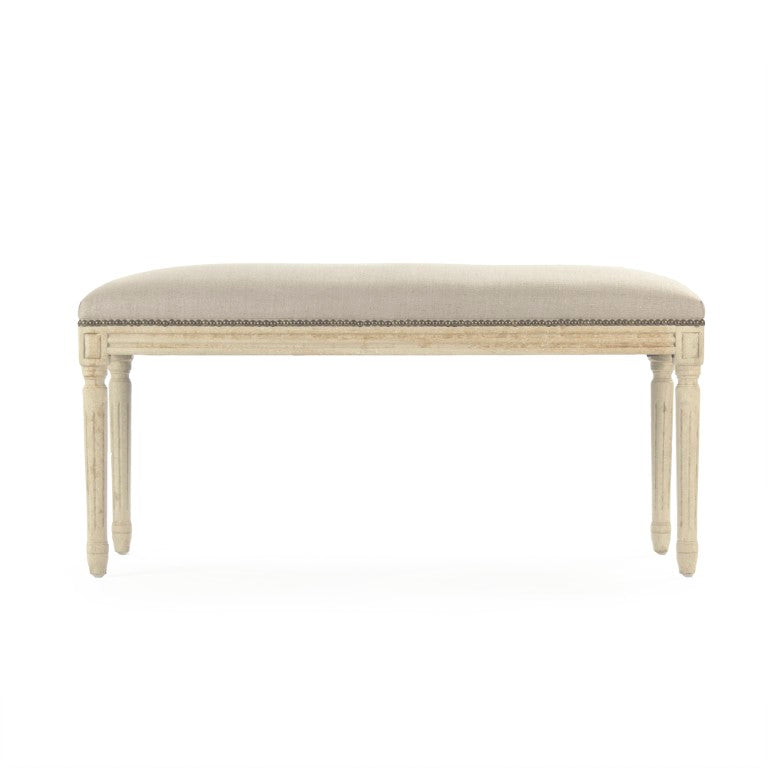 Zentique Lille Scandinavian birch bench with linen-upholstered cushion — compact, sturdy seating for entryway Distressed Ivory Birch, Natural Linen B014 309 A003 w/ Nailhead