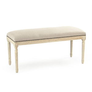 Zentique Lille Scandinavian birch bench with linen-upholstered cushion — compact, sturdy seating for entryway Distressed Ivory Birch, Natural Linen B014 309 A003 w/ Nailhead
