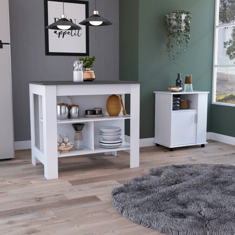 English Elm 2 Piece Kitchen Island and Microwave Pantry Cabinet Set in Two Tone Engineered Wood B0200S00211