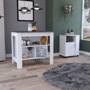 English Elm 2 Piece Kitchen Island and Microwave Pantry Cabinet Set in Two Tone Engineered Wood B0200S00211