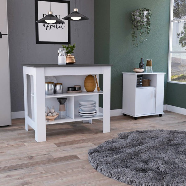 English Elm 2 Piece Kitchen Island and Microwave Pantry Cabinet Set in Two Tone Engineered Wood B0200S00211