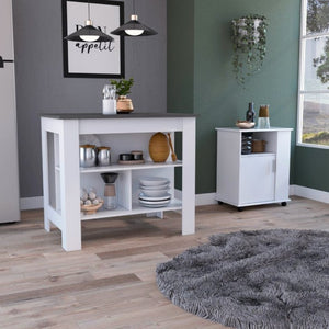 English Elm 2 Piece Kitchen Island and Microwave Pantry Cabinet Set in Engineered Wood B0200S00211