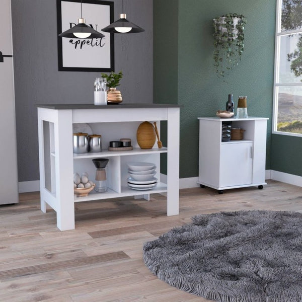 English Elm 2 Piece Kitchen Island and Microwave Pantry Cabinet Set in Engineered Wood B0200S00211