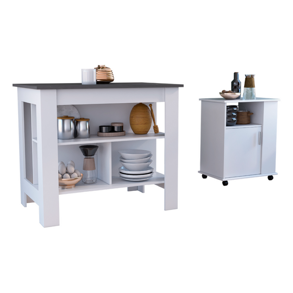 English Elm 2 Piece Kitchen Island and Microwave Pantry Cabinet Set in Two Tone Engineered Wood B0200S00211