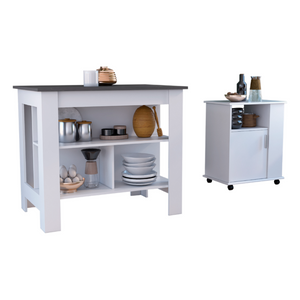 English Elm 2 Piece Kitchen Island and Microwave Pantry Cabinet Set in Engineered Wood B0200S00211