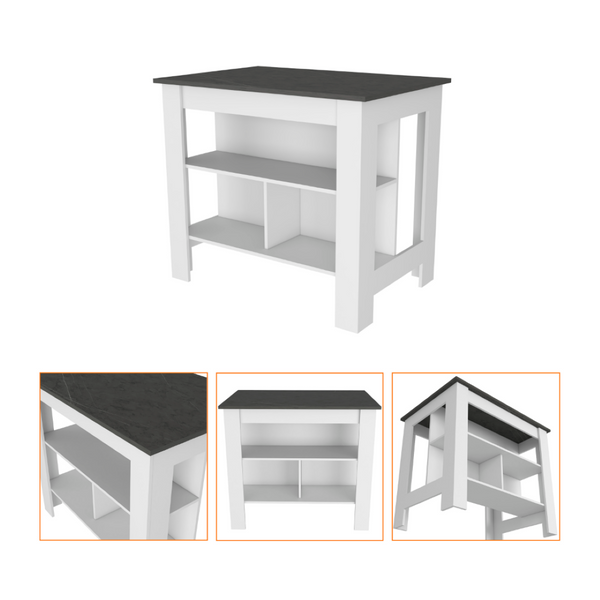 English Elm 2 Piece Kitchen Island and Microwave Pantry Cabinet Set in Two Tone Engineered Wood B0200S00211