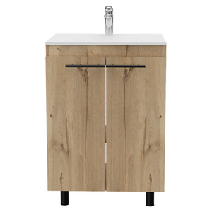 English Elm 2 Piece Light Oak Bathroom Set with Linen and Freestanding Sink Cabinet Storage B0200S00215