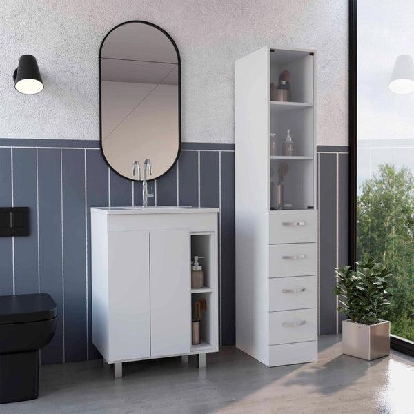 English Elm 2 Piece White Bathroom Storage Set with Freestanding Vanity and Coordinating Linen Cabinet B0200S00216
