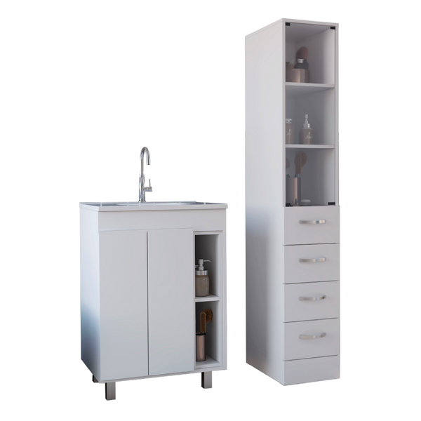 English Elm 2 Piece White Bathroom Storage Set with Freestanding Vanity and Coordinating Linen Cabinet B0200S00216