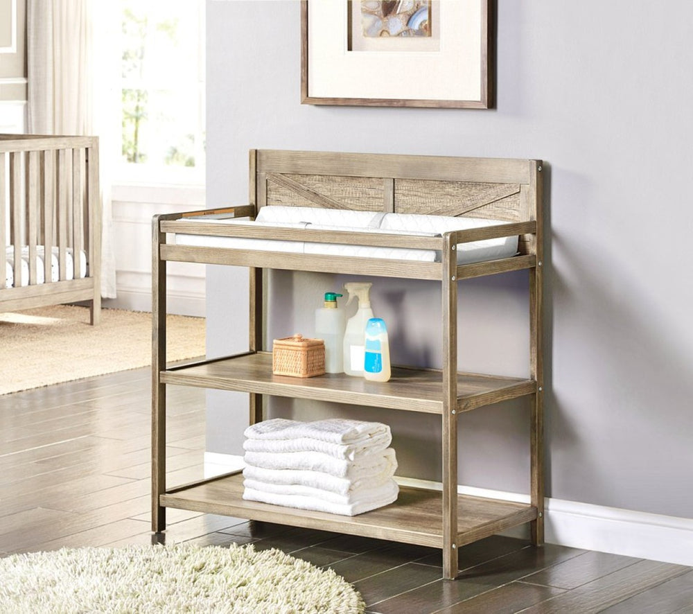 English Elm Barnside Solid Wood Nursery Changing Table with Safety Rails and Open Storage Shelves B02257232