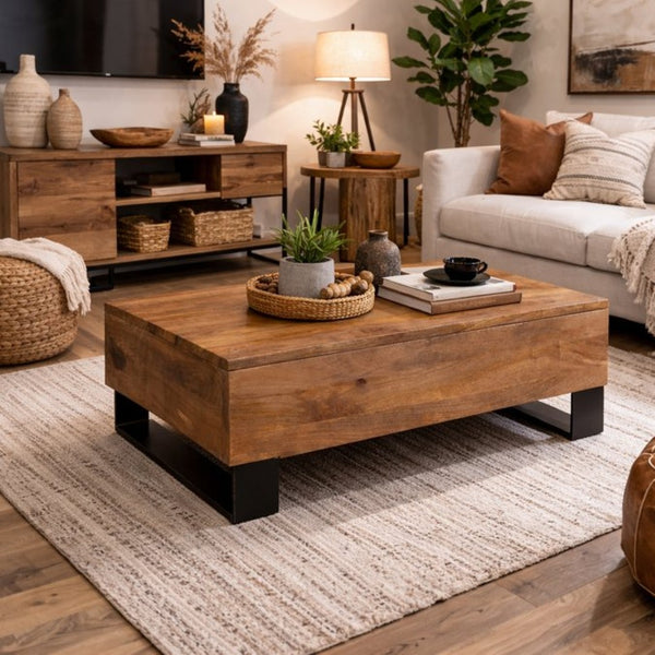 English Elm Solid Wood Handcrafted Lift Top Coffee Table with Hidden Storage for Living Rooms B024P430796