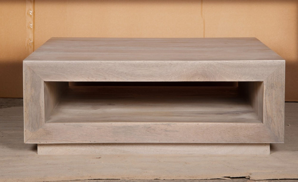 English Elm Low Profile Solid Wood Square Coffee Table with Whitewashed Finish for Modern Living B024P539992
