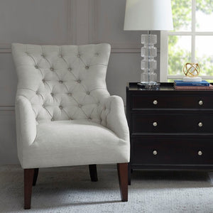 English Elm Button Tufted Wingback Accent Chair Upholstered in Textured Fabric with Espresso Birch Legs B03548233